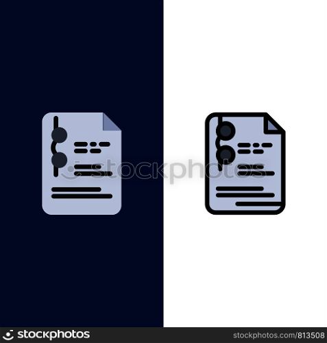 File, Document, School, Education Icons. Flat and Line Filled Icon Set Vector Blue Background