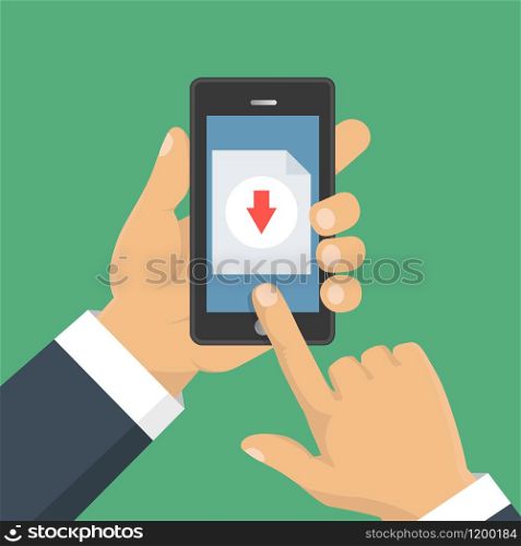 File download concept button on smartphone screen. Hand holds smartphone. Downloading document, infographics. Flat design. Downloading document, infographics. Flat design. File download concept button on smartphone screen. Hand holds smartphone