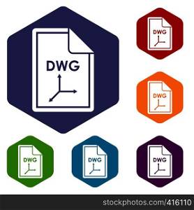 File DWG icons set rhombus in different colors isolated on white background. File DWG icons set