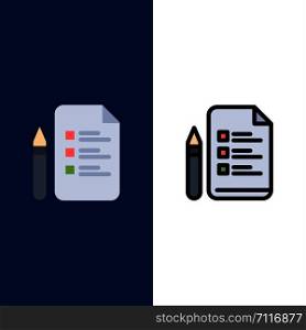 File, Education, Pen, Pencil Icons. Flat and Line Filled Icon Set Vector Blue Background