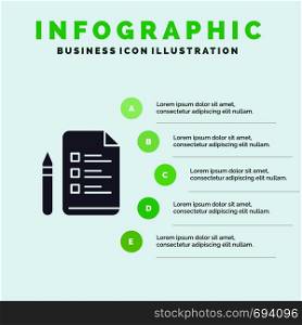 File, Education, Pen, Pencil Solid Icon Infographics 5 Steps Presentation Background