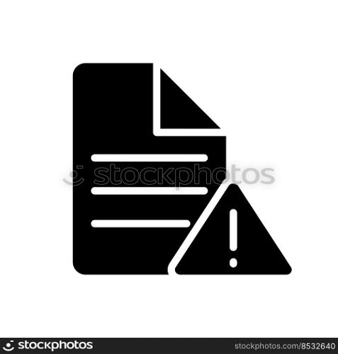 File error black glyph icon. Access failure. Data destruction and corruption. Can not open document. Storage issue. Silhouette symbol on white space. Solid pictogram. Vector isolated illustration. File error black glyph icon