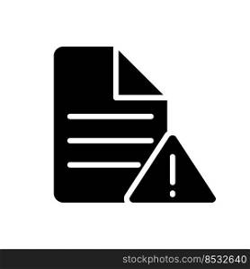 File error black glyph icon. Access failure. Data destruction and corruption. Can not open document. Storage issue. Silhouette symbol on white space. Solid pictogram. Vector isolated illustration. File error black glyph icon