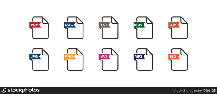 File extension flat icon set. Collection document format. Vector button icons