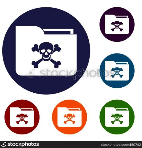File folder with a skull icons set in flat circle reb, blue and green color for web. File folder with a skull icons set