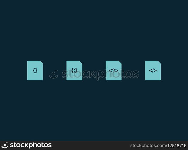File format flat icon set. Css, html, js, php web development file format on dark blue background. Vector