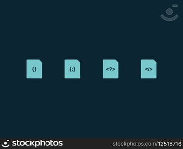 File format flat icon set. Css, html, js, php web development file format on dark blue background. Vector