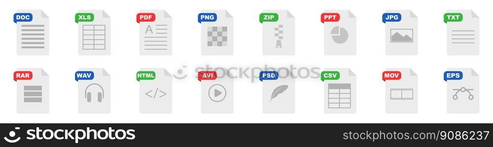 File format flat icon set. Document file icons 