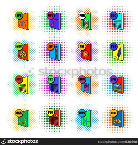 File format icons set in pop-art style isolated on white background. File format icons set, pop-art style