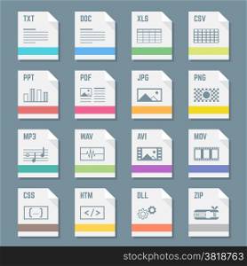 file formats icons set with illustrations. vector various flat style light colors file formats icons with symbols