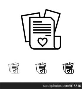 File, Love, Heart, Wedding Bold and thin black line icon set
