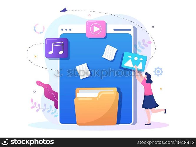 File Management System and Information Vector Illustration with People Holding Folder, Archive or Online Service for documents Storage and Organization
