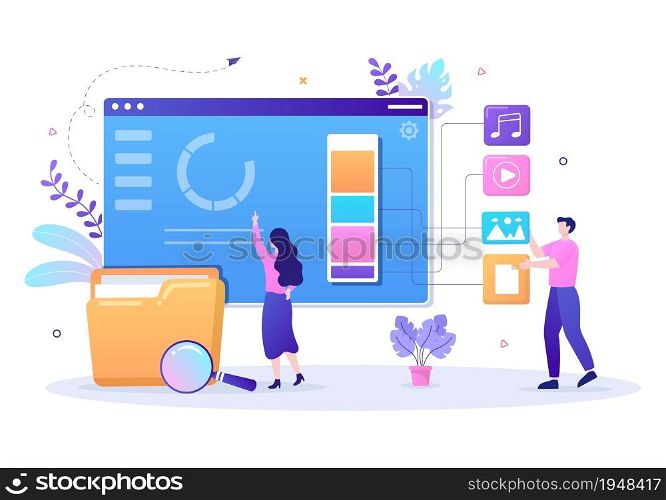 File Management System and Information Vector Illustration with People Holding Folder, Archive or Online Service for documents Storage and Organization