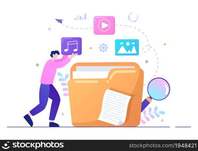 File Management System and Information Vector Illustration with People Holding Folder, Archive or Online Service for documents Storage and Organization