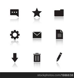 File manager drop shadow icons set. Work organizer app interface buttons. Black cast shadow silhouettes illustrations. Data organization and media management symbols. Vector infographics elements. File manager drop shadow icons set