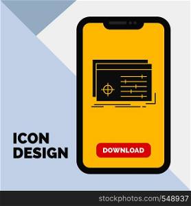 File, object, processing, settings, software Glyph Icon in Mobile for Download Page. Yellow Background. Vector EPS10 Abstract Template background