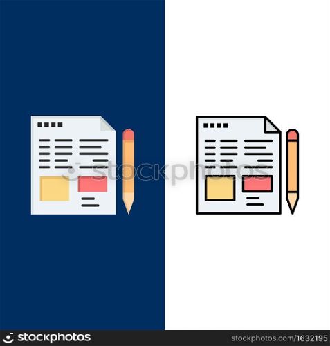 File, Text, Pencil, Education  Icons. Flat and Line Filled Icon Set Vector Blue Background
