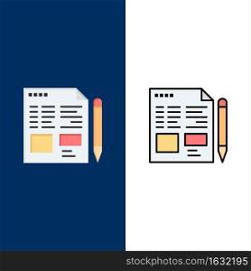File, Text, Pencil, Education  Icons. Flat and Line Filled Icon Set Vector Blue Background