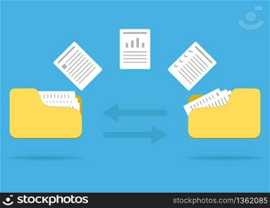 File transfer flat icon. Document in computer folder illustration. Flying paper to send and exchange or share. Vector EPS 10.