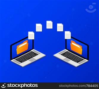 File transfer. laptops with folders on screen and transferred documents. Copy files, data exchange, backup. Vector illustration.. File transfer. laptops with folders on screen and transferred documents. Copy files, data exchange, backup. Vector stock illustration.