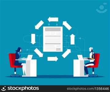 File transfer technology. Robot with human and data exchange between. Concept business office vector illustration.