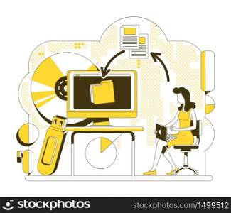 File transfer thin line concept vector illustration. Woman with laptop 2D cartoon character for web design. Wireless communication technology. Data exchange, information backup creative idea. File transfer thin line concept vector illustration