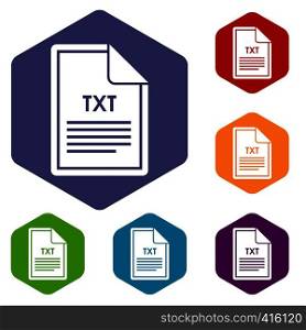 File TXT icons set rhombus in different colors isolated on white background. File TXT icons set