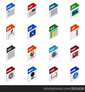 File Types icons in isometric 3d style isolated on white. File Types icons, isometric 3d style