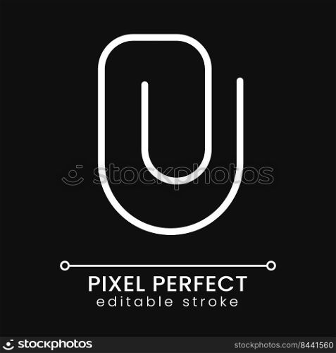 File upload button pixel perfect white linear icon for dark theme. Paper clip symbol. Website for business. Thin line illustration. Isolated symbol for night mode. Editable stroke. Poppins font used. File upload button pixel perfect white linear icon for dark theme