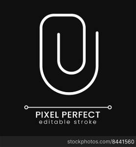 File upload button pixel perfect white linear icon for dark theme. Paper clip symbol. Website for business. Thin line illustration. Isolated symbol for night mode. Editable stroke. Poppins font used. File upload button pixel perfect white linear icon for dark theme