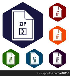 File ZIP icons set rhombus in different colors isolated on white background. File ZIP icons set