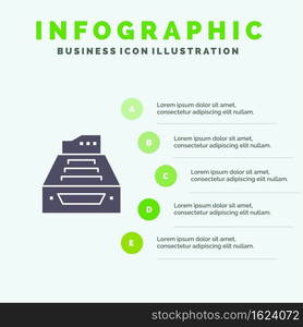 Files, Accounting, Accounts, Data, Database, Inbox, Storage Solid Icon Infographics 5 Steps Presentation Background