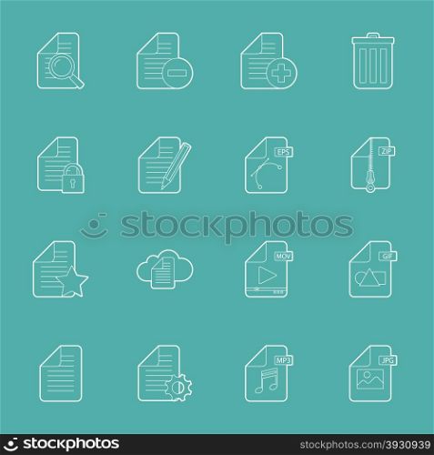 Files and documents thin lines icons set vector graphic illustration. Files and documents thin lines icons set