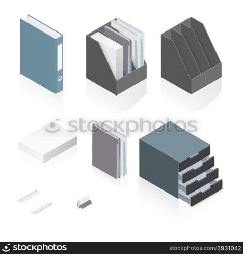 Files, folders, paper stack, storage boxes and a detailed isometric set vector graphic illustration