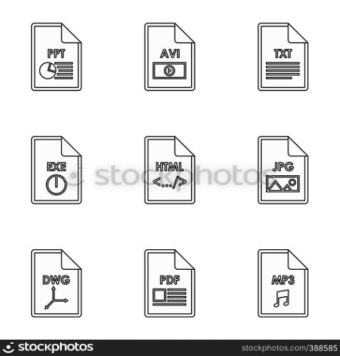 Files icons set. Outline illustration of 9 files vector icons for web. Files icons set, outline style