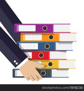 Files in hand, ring binders, colorful office folders. Side view. Bureaucracy, paperwork and office. Vector illustration in flat style. Files in hand, ring binders