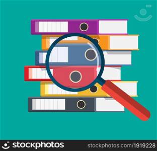 Files, ring binders and and magnifying glass, colorful office folders. Side view. Bureaucracy, paperwork and office. Vector illustration in flat style. Files, ring binders and and magnifying glass,