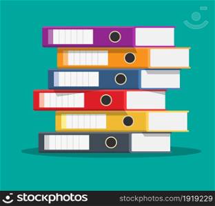 Files, ring binders, colorful office folders. Side view. Bureaucracy, paperwork and office. illustration in flat style. Files, ring binders,