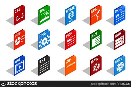 Files type icon set. Isometric set of files type vector icons for web isolated on white background. Files type icon set, isometric style