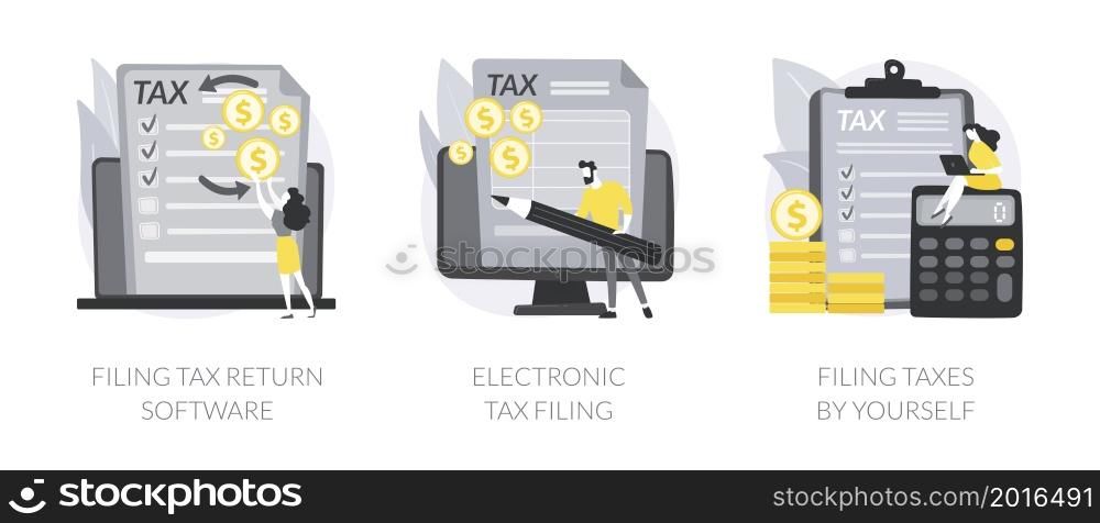 Filing taxes by yourself abstract concept vector illustration set. Filing tax return software, electronic documents, gather paperwork, e-file earnings statement, IRS form abstract metaphor.. Filing taxes by yourself abstract concept vector illustrations.