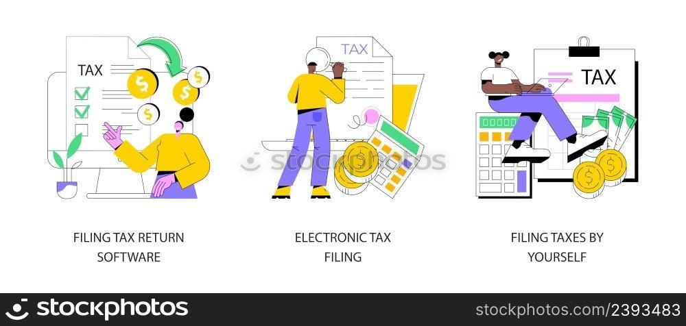 Filing taxes by yourself abstract concept vector illustration set. Filing tax return software, electronic documents, gather paperwork, e-file earnings statement, IRS form abstract metaphor.. Filing taxes by yourself abstract concept vector illustrations.
