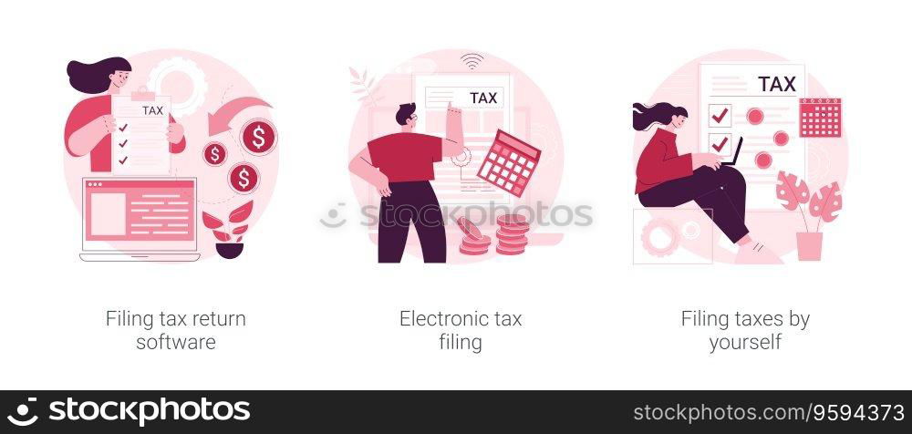 Filing taxes by yourself abstract concept vector illustration set. Filing tax return software, electronic documents, gather paperwork, e-file earnings statement, IRS form abstract metaphor.. Filing taxes by yourself abstract concept vector illustrations.