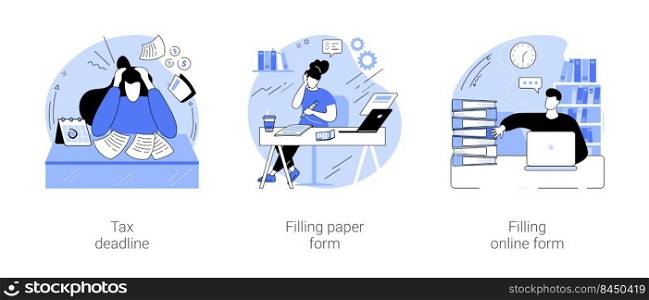 Filing taxes isolated cartoon vector illustrations set. Frustrated person on tax deadline day, filling paper form, accountant manager prepares financial report, filling online form vector cartoon.. Filing taxes isolated cartoon vector illustrations se