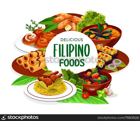 Filipino asian cuisine, dishes food frame. Lump with meat, eggplant thalong, bicolar express, Filipino lumpia and mussels in coconut sauce, adobo with chicken and ensaimada vector round frame. Filipino asian cuisine, dishes frame