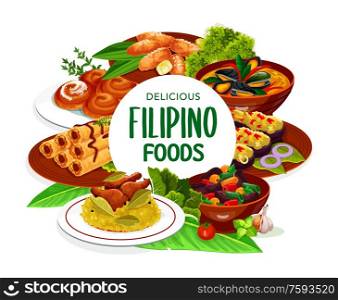 Filipino asian cuisine, dishes food frame. Lump with meat, eggplant thalong, bicolar express, Filipino lumpia and mussels in coconut sauce, adobo with chicken and ensaimada vector round frame. Filipino asian cuisine, dishes frame
