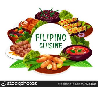 Filipino cuisine, asian food restaurant dishes round frame lump with meat, eggplant thalong, bicolar express. Filipino kidney beans, lumpia, mussels in coconut sauce, ensaimada isolated vector label. Filipino cuisine dishes round frame