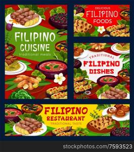 Filipino cuisine asian food vector posters, restaurant dish pochero soup, fried bananas in batter, mussels in coconut sauce, adobo with chicken. Filipino lumpia, lump with meat, vegetable, dessert. Filipino cuisine asian food vector