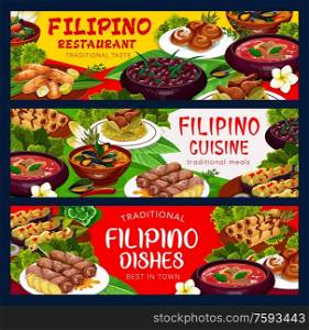 Filipino cuisine banners, national food dishes and meals. Ensaimada, adobo with chicken, mussels in coconut sauce, kidney beans. Filipino restaurant vector menu with meat, vegetables and desserts. Traditional asian filipino food, meals and dishes