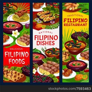 Filipino cuisine food, traditional dishes vector banners, restaurant menu with meat, seafood, vegetables and pastry dessert. Pochero soup, fried bananas in batter, mussels in coconut sauce. Filipino menu banners, traditional dishes