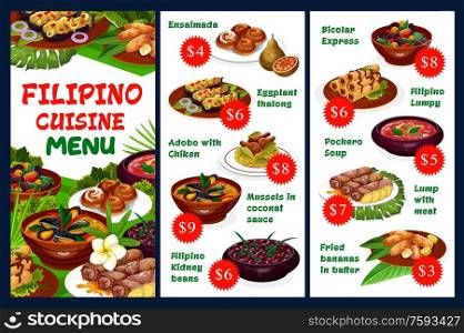 Filipino cuisine restaurant vector menu with meat dishes, vegetables and pastry desserts. Ensaimada, eggplant thalong, adobo with chicken, mussels in coconut sauce, filipino kidney beans, pochero soup. Filipino restaurant menu, traditional cuisine